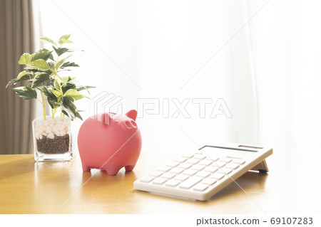 存錢罐和計算器和桌上的迷你室內植物 69107283