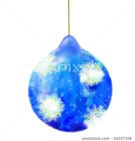 Watercolor illustration of Christmas tree decoration sphere (kugel) Blue snowflakes pattern 69107306