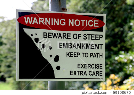 Steep Embankment Warning Sign on a Country Path Steep Embankment Warning Sign on a Country Path 69108670