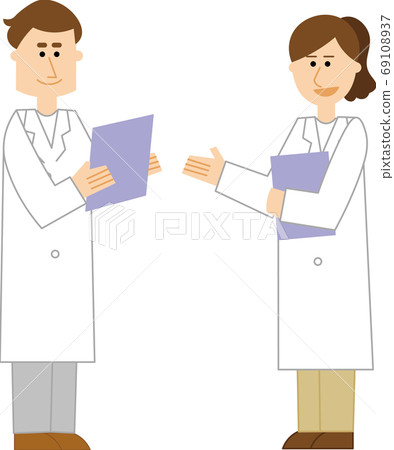 Researchers discussing with documents 69108937