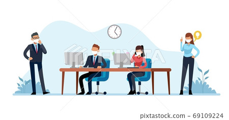 Quarantine office people. Employees and managers in medical masks in coworking, social distancing and prevention covid-19 flu viruses bewere pandemic cartoon flat vector illustration Quarantine office people. Employees and managers in medical masks in coworking, social distancing and prevention covid-19 flu viruses bewere pandemic cartoon flat vector illustration 69109224