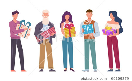 Happy people with gifts. Celebrating characters group holding presents, company holiday event congratulations and surprises friend, men and women on party cartoon flat vector isolated set 69109279