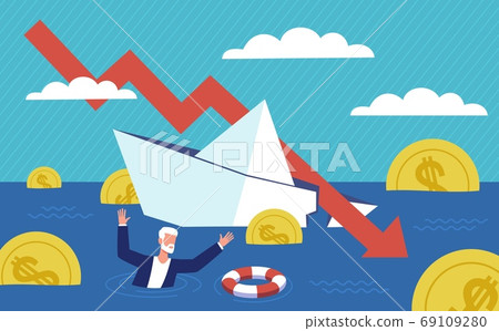 Bankruptcy business. Financial rescue, depressed businessman survive. Economic crisis, sinking business, loan payback problem, people and economy recession falling arrow vector concept Bankruptcy business. Financial rescue, depressed businessman survive. Economic crisis, sinking business, loan payback problem, people and economy recession falling arrow vector concept 69109280
