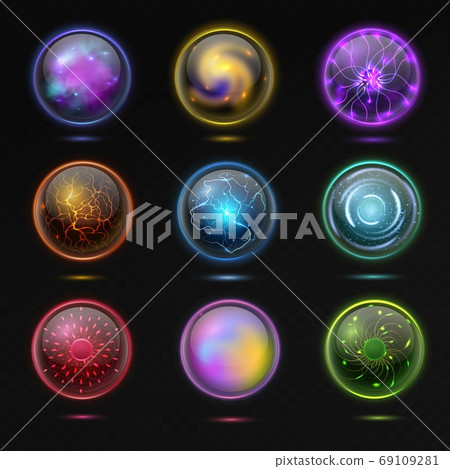 Magic ball. Energy sphere with plasma, glowing crystal orbs, spiritual glass globe occult prediction future with fantasy effects 3d illustration vector isolated set on black 69109281
