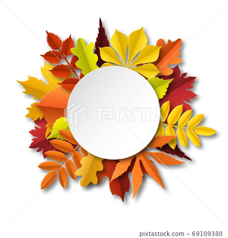 Fall leaves composition. Paper cut frame with autumn falling yellow foliage, seasonal floral botanical elements below circle banner with shadows, vector isolated round concept with copy space 69109380