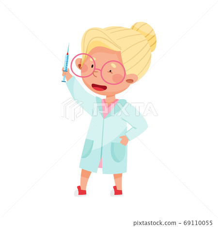 Smiling Girl in Medical Wear Standing and Holding Syringe Vector Illustration 69110055