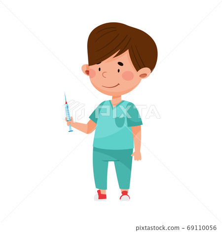 Smiling Boy in Medical Wear Standing and Holding Syringe Vector Illustration Smiling Boy in Medical Wear Standing and Holding Syringe Vector Illustration 69110056