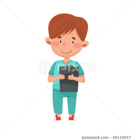 Smiling Boy in Medical Wear Standing and Holding Clip Board Vector Illustration Smiling Boy in Medical Wear Standing and Holding Clip Board Vector Illustration 69110057