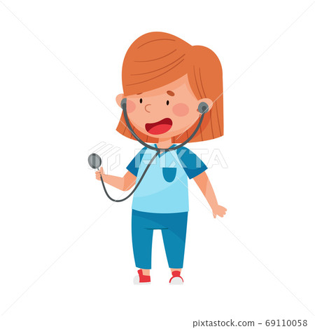 Cute Girl in Medical Wear Standing and Holding Stethoscope Vector Illustration Cute Girl in Medical Wear Standing and Holding Stethoscope Vector Illustration 69110058