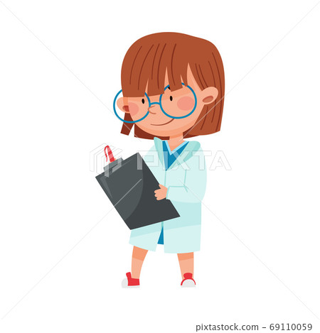 Cute Girl in Medical Wear Standing and Holding Clip Board Vector Illustration 69110059