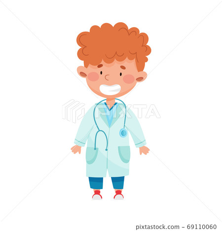 Smiling Boy in Medical Wear Standing with Stethoscope on His Neck Vector Illustration Smiling Boy in Medical Wear Standing with Stethoscope on His Neck Vector Illustration 69110060