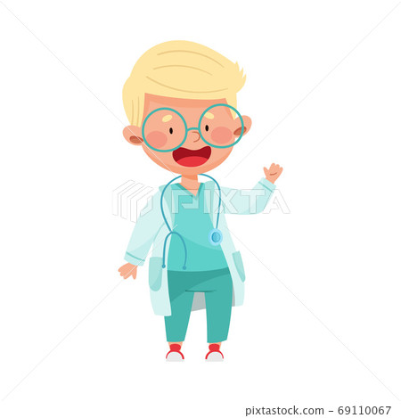 Smiling Boy in Medical Wear Standing and Waving Hand Vector Illustration 69110067