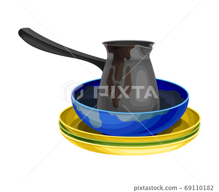 Stack of Dirty Dishes and Utensils with Plates and Jezve Vector Illustration Stack of Dirty Dishes and Utensils with Plates and Jezve Vector Illustration 69110182