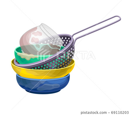 Stack of Dirty Dishes and Utensils with Bowls and Colander Vector Illustration Stack of Dirty Dishes and Utensils with Bowls and Colander Vector Illustration 69110203