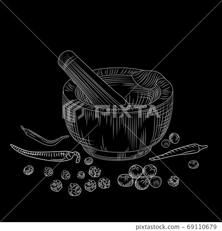 Mortar and pestle concept on blackboard. Pepper Mortar and pestle concept on blackboard. Pepper 69110679