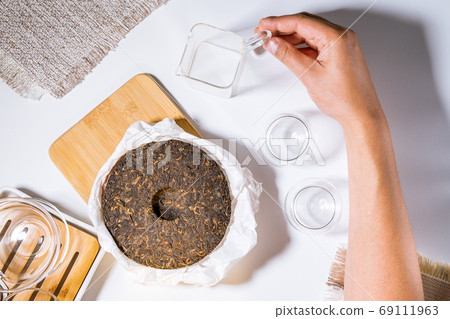 dried tea Black. Top view, copy space. Food background. 69111963