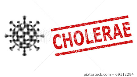 Distress Cholerae Stamp and Halftone Dotted Flu Virus 69112294