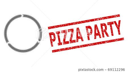 Grunge Pizza Party Seal Stamp and Halftone Dotted Rotation Grunge Pizza Party Seal Stamp and Halftone Dotted Rotation 69112296