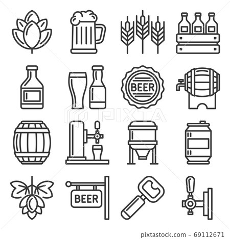 Beer and Alcohol Industry Icons Set on White Background. Vector 69112671