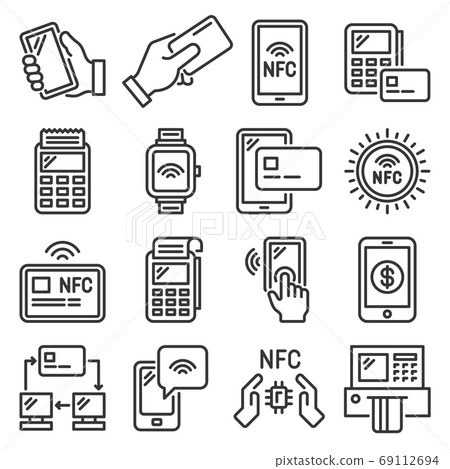 NFC Mobile Phone Payment and Terminal Icons Set. Vector 69112694