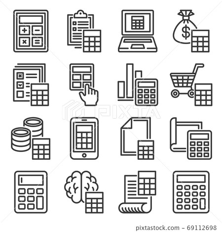Calculator and Calculation Icons Set on White Background. Line Style Vector 69112698