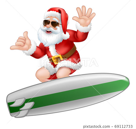 Santa in Sunglasses Surfing Shaka Hand Cartoon 69112733