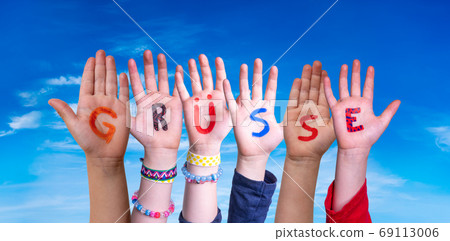 Children Hands Building Word Gruesse Means Greetings, Blue Sky 69113006