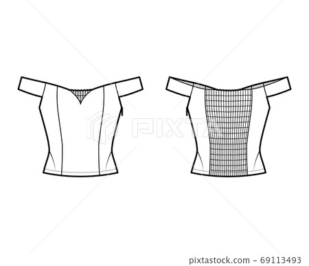Off-the-shoulder shirred top technical fashion illustration with sweetheart neckline, close fit, corset-inspired 69113493