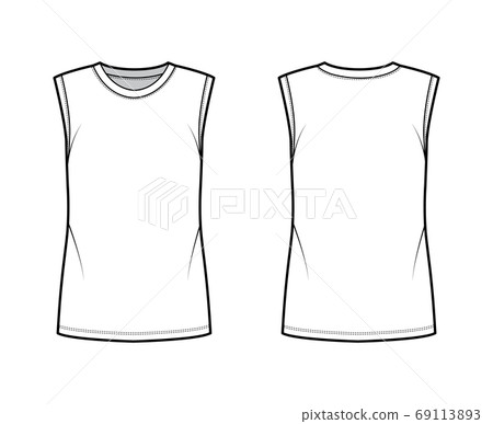 Cotton-jersey tank technical fashion illustration with crew neckline, oversized, cut armholes. Flat outwear basic shirt 69113893