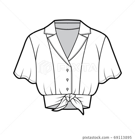 Tie-front cropped shirt technical fashion illustration with camp collar, short circle sleeves, front button fastenings 69113895
