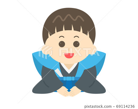 一個男孩穿著和服和問候的插圖 69114236