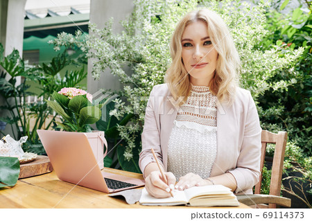 Businesswoman writing down plans Businesswoman writing down plans 69114373