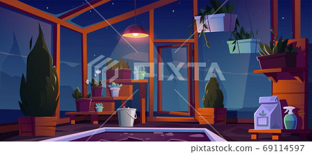 Glass greenhouse interior at night 69114597