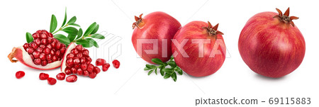 Pomegranate with leaf isolated on white background with clipping path and full depth of field. Set or collection 69115883