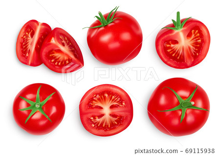 Tomato with half and slices isolated on white background. Clipping path and full depth of field. Top view. Flat lay Tomato with half and slices isolated on white background. Clipping path and full depth of field. Top view. Flat lay 69115938