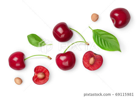 red sweet cherry isolated on white background with clipping path . Top view. Flat lay red sweet cherry isolated on white background with clipping path . Top view. Flat lay 69115981
