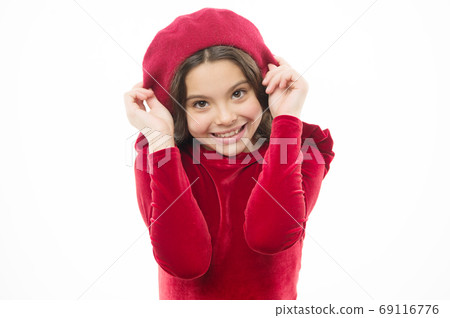 Happy girl. French style child. Parisian girl in beret.  69116776