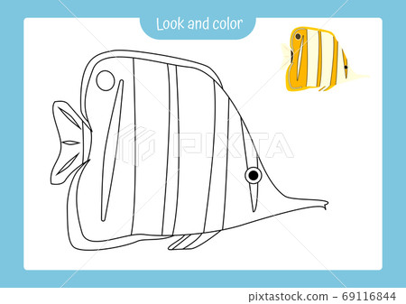 Look and color. Coloring page outline of a tropical fish with colored example. Vector illustration, coloring book for kids. 69116844