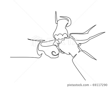 continuous line drawing of hands of team bumping fists together 69117290