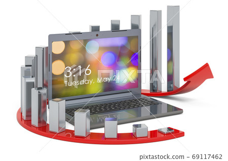 Laptop with growing chart and red arrow. 3D rendering Laptop with growing chart and red arrow. 3D rendering 69117462
