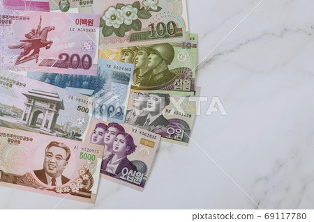 Various banknotes of North Korean won KPW , currency Various banknotes of North Korean won KPW , currency 69117780