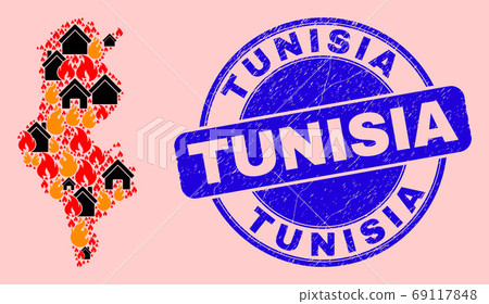 Tunisia Map Mosaic of Flame and Realty and Grunge Tunisia Seal Stamp 69117848