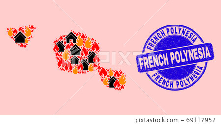 Tahiti and Moorea Islands Map Composition of Flame and Homes and Scratched French Polynesia Stamp 69117952