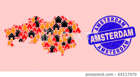 North Brabant Province Map Mosaic of Fire and Homes and Scratched Amsterdam Stamp 69117970