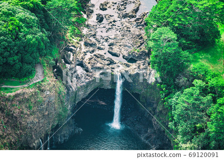 Hawaii Rainbow Falls waterfall near Hilo, Big Island. USA travel. Aerial top view from helicopter. Hawaii Rainbow Falls waterfall near Hilo, Big Island. USA travel. Aerial top view from helicopter. 69120091