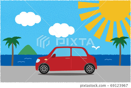 矢量圖的一輛紅色的汽車，在烈日下海邊在路上行駛 69123967