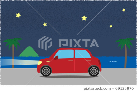 Vector illustration of a red car driving on a road by the sea at night, turning on the lights 69123970