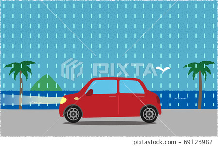 矢量圖的一輛紅色的汽車在雨中，開著燈，沿著沿海公路行駛 69123982