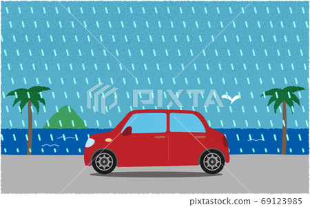 矢量圖的一輛紅色的汽車，在大雨中沿海公路上 69123985