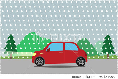 A vector illustration of a red car driving on a road along a mountain with a light in the snowstorm A vector illustration of a red car driving on a road along a mountain with a light in the snowstorm 69124000